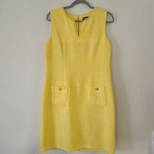 KARL LAGERFELD Paris Women's Tweed Shift Dress With Pockets NAVY Size 12 Yellow
